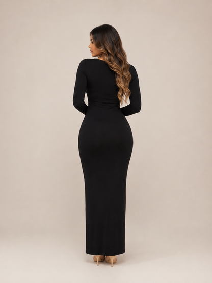 Elegantní Dlouhé Šaty s Dlouhým Rukávem a Čtvercovým Výstřihem